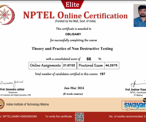 Sucessfully Completeing the NPTEL Course on Theory and Practice of Non Destructive Testing (ELITE)