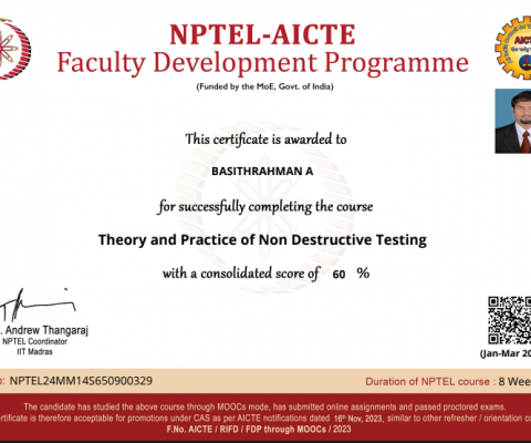 Sucessfully Completeing the NPTEL Course on Theory and Practice of Non Destructive Testing 