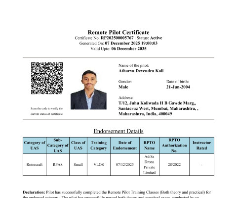 Remote Pilot Certificate - Atharva Devendra Koli