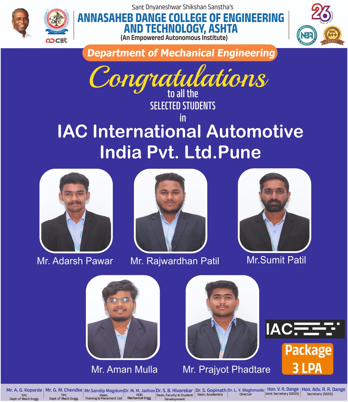 Congratulations for Placement in IAC International Automotive India Pvt Ltd. Pune