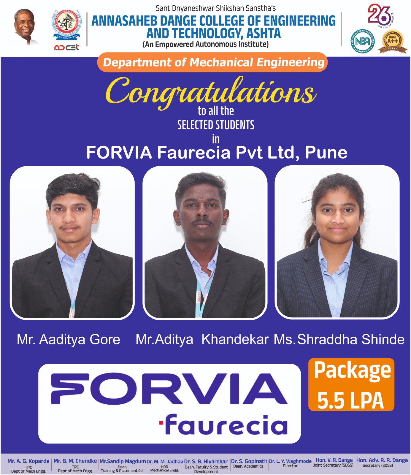 Congratulations for Placement in FORVIA Faurecia Pvt. Ltd, Pune