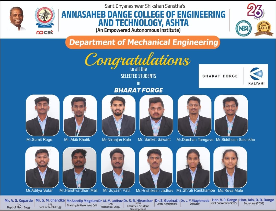 Congratulation for Placement in Bharat Forge (Kalyani Group)